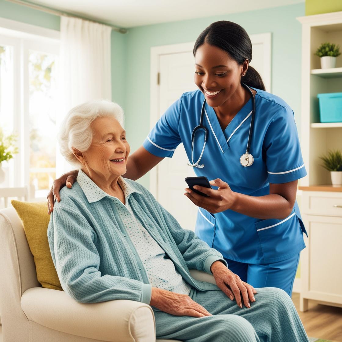 Home Health care provider with elderly patient in home setting, mobile device